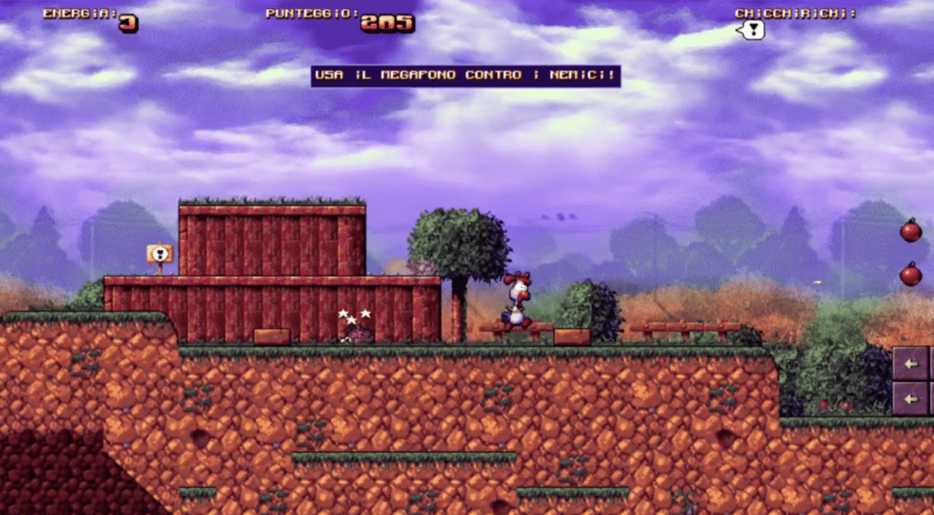 Pekka Kana 2-figur løper gjennom en fargerik plattformbane med epler og fiender i bakgrunnen.