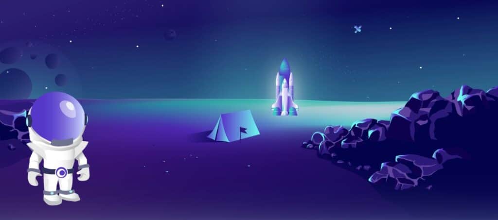 Illustration af en astronaut på en fremmed planet med telt, raket og klippeformationer i baggrunden, i Morningscore’s karakteristiske rum-tema.
