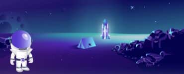 Illustration af en astronaut på en fremmed planet med telt, raket og klippeformationer i baggrunden, i Morningscore’s karakteristiske rum-tema.
