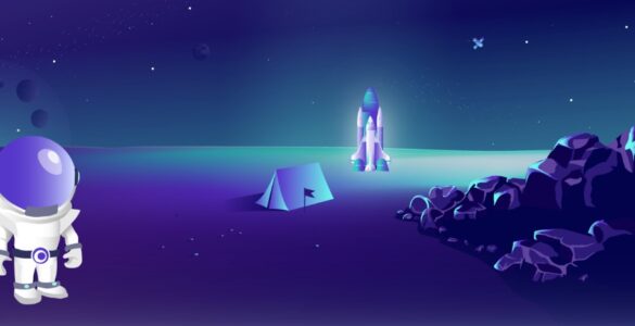 Illustration af en astronaut på en fremmed planet med telt, raket og klippeformationer i baggrunden, i Morningscore’s karakteristiske rum-tema.