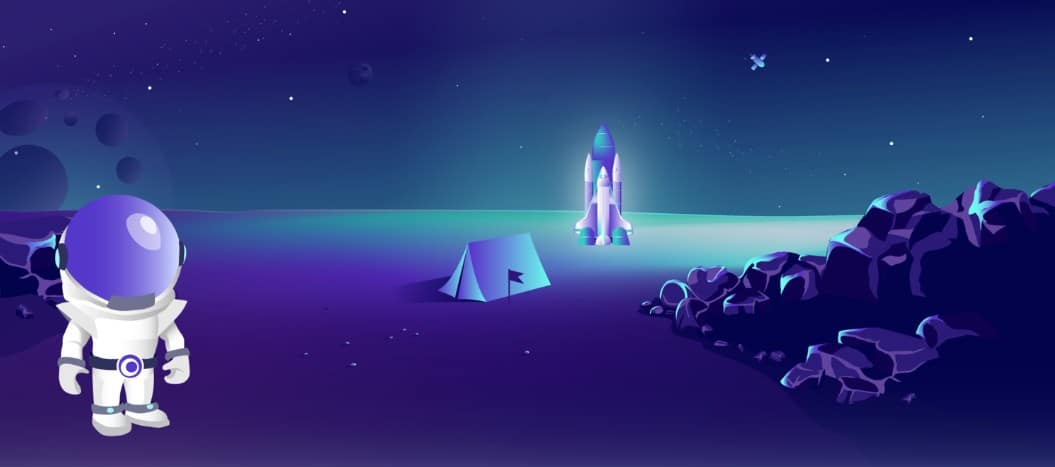 Illustrasjon av en astronaut på en fremmed planet med telt, rakett og klippeformasjoner i bakgrunnen, i Morningscores karakteristiske rom-tema.