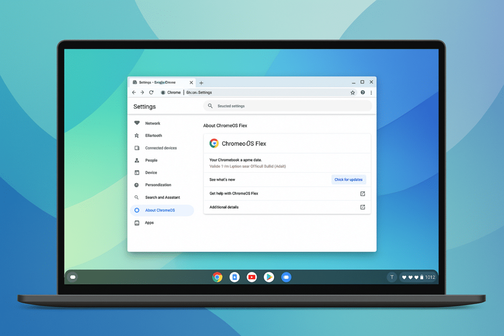 Screenshot fra vores test af ChromeOS Flex, der viser en laptop med ChromeOS-indstillinger åbne på skærmen. Fanen 'About ChromeOS Flex' er valgt, og systemets opdateringspanel er synligt. Nederst ses ChromeOS’ karakteristiske app-hylde med Chrome, YouTube, Drive og andre ikoner.
