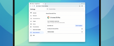 Screenshot fra vores test af ChromeOS Flex, der viser en laptop med ChromeOS-indstillinger åbne på skærmen. Fanen 'About ChromeOS Flex' er valgt, og systemets opdateringspanel er synligt. Nederst ses ChromeOS’ karakteristiske app-hylde med Chrome, YouTube, Drive og andre ikoner.