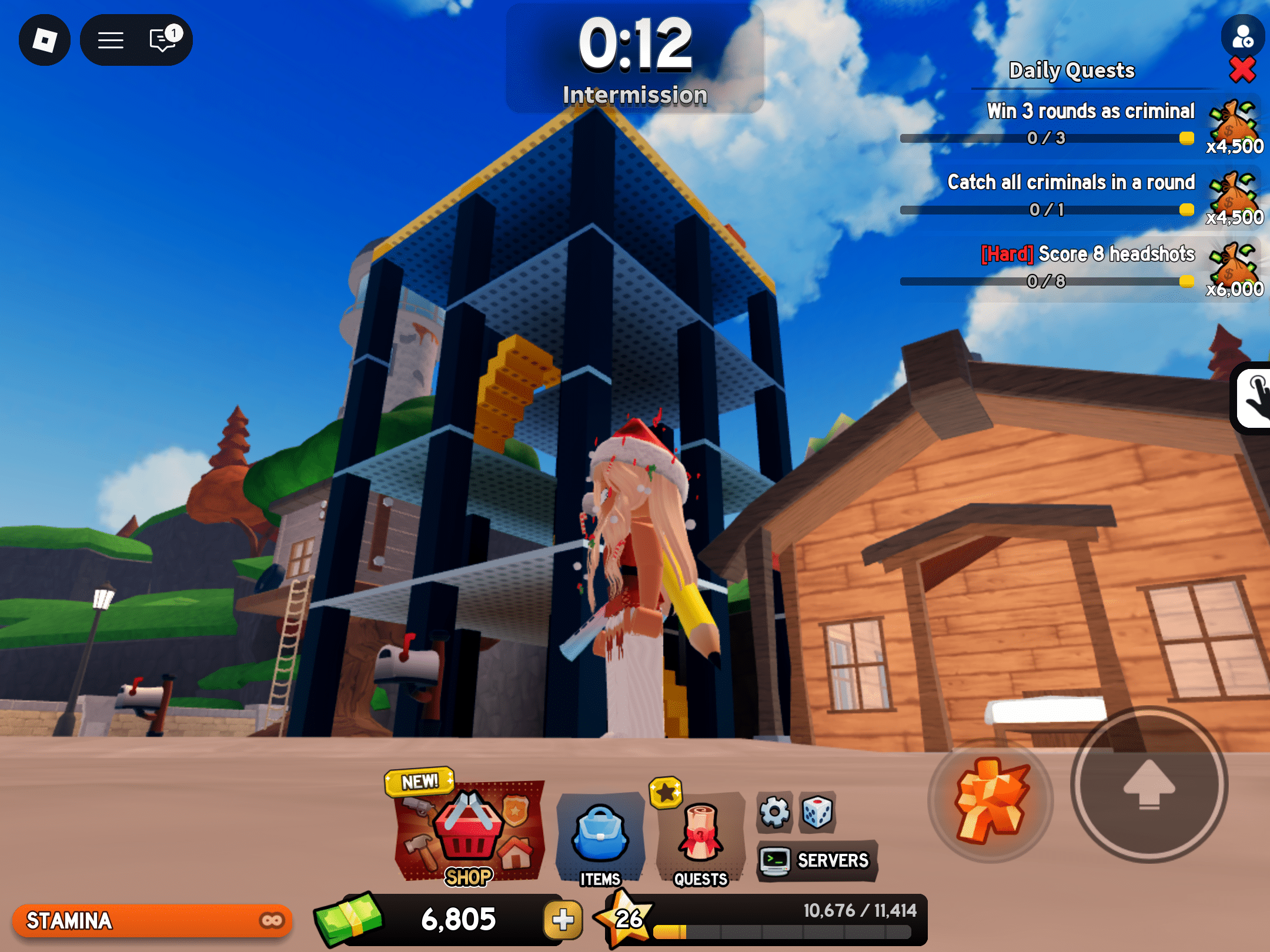 NPC or Die gameplay i Roblox med spiller ved bygning under intermission