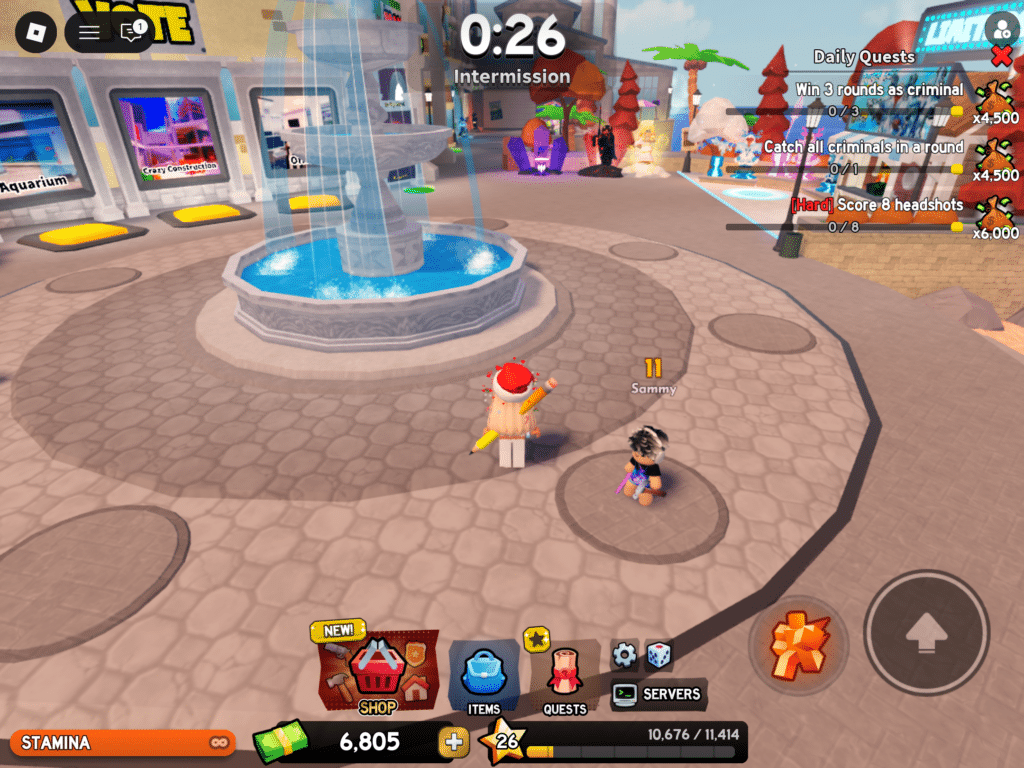 NPC or Die Lobby in Roblox während der Intermission mit Spielern und Quest-Menü