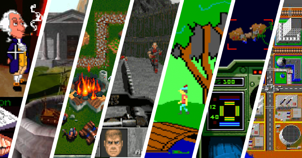 Collage klassischer Offline-PC-Spiele, die unter Windows ohne Internet gespielt werden können