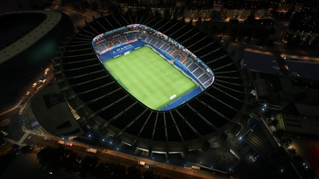 Soccer stadium viewed from above in EA Sports FC 24 during a night match