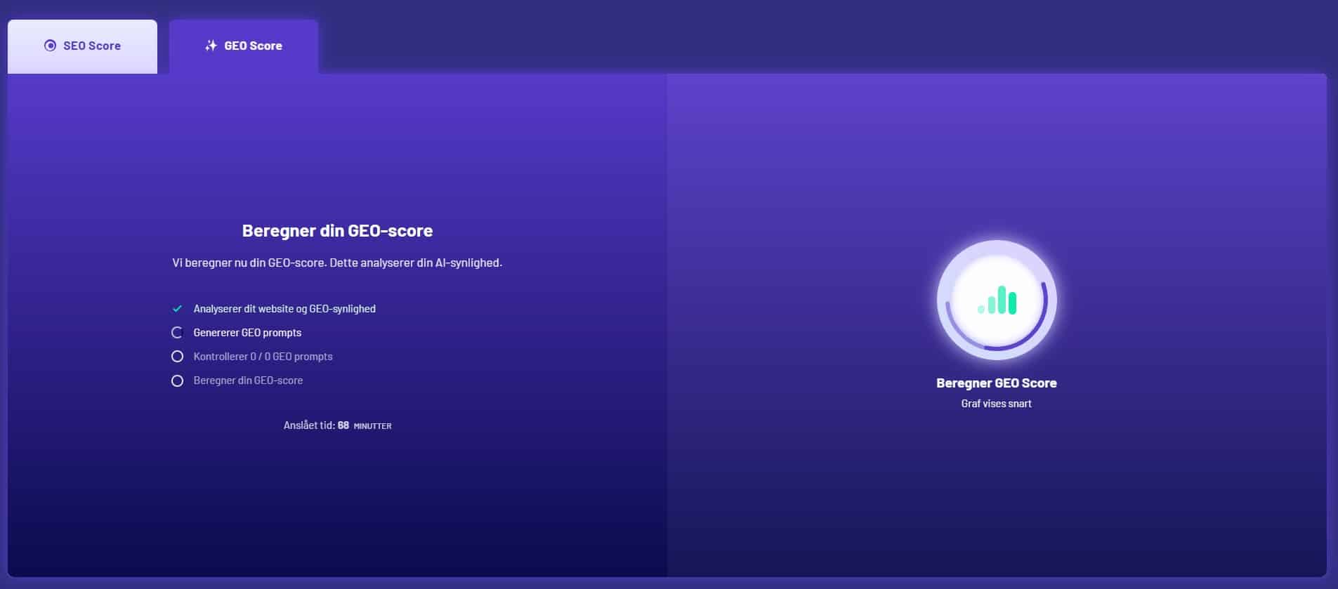 Screenshot von Morningscore 4, das den GEO-Score berechnet und die KI-Sichtbarkeit über Generative Engine Optimization analysiert