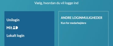 Aula login-skærm hvor brugeren kan vælge mellem Unilogin, MitID eller lokalt login samt andre loginmuligheder for medarbejdere