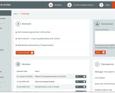 Skærmbillede af ProBo brugerflade med oversigt over beskeder, nyheder, opslagstavle og menu til dokumentarkiv, booking og kalender for en dansk boligforening.