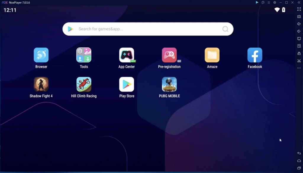 NoxPlayer startskærm på PC med Android-apps og spil som PUBG Mobile og Play Store