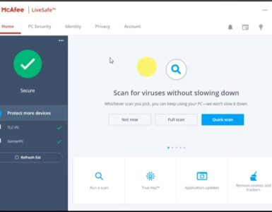 McAfee LiveSafe brugerflade på Windows med oversigt over sikkerhedsstatus, hurtig scanning og beskyttede enheder