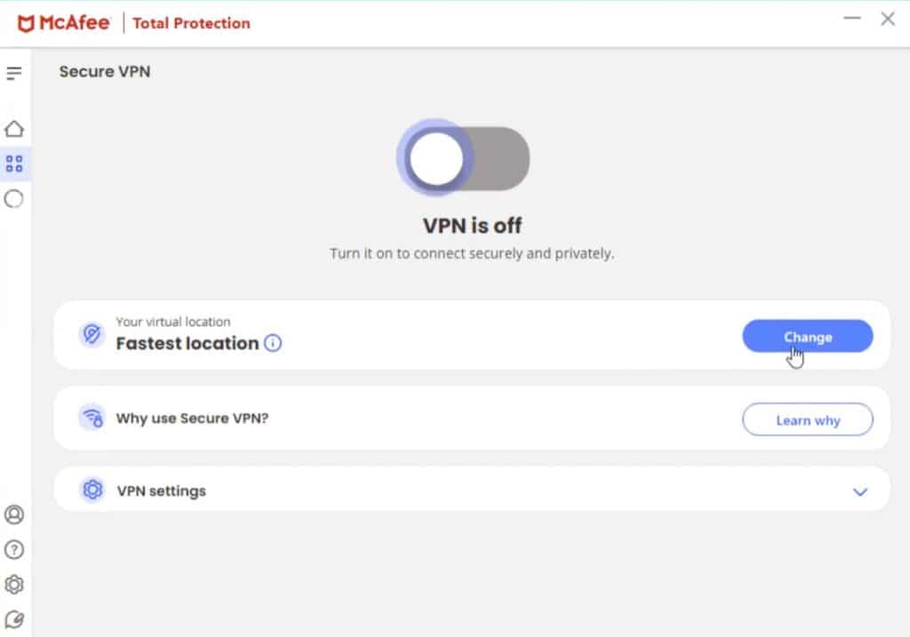 McAfee Secure VPN i McAfee Total Protection med VPN slået fra og mulighed for at skifte virtuel placering