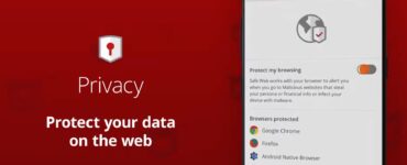 Skærmbillede af McAfee Mobile Securitys Safe Web-funktion, der beskytter browsing og personlige data på mobilen. Appen viser webbeskyttelse aktiveret og understøttede browsere som Chrome, Firefox, Opera Mini og Samsung Browser.
