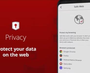 Skærmbillede af McAfee Mobile Securitys Safe Web-funktion, der beskytter browsing og personlige data på mobilen. Appen viser webbeskyttelse aktiveret og understøttede browsere som Chrome, Firefox, Opera Mini og Samsung Browser.