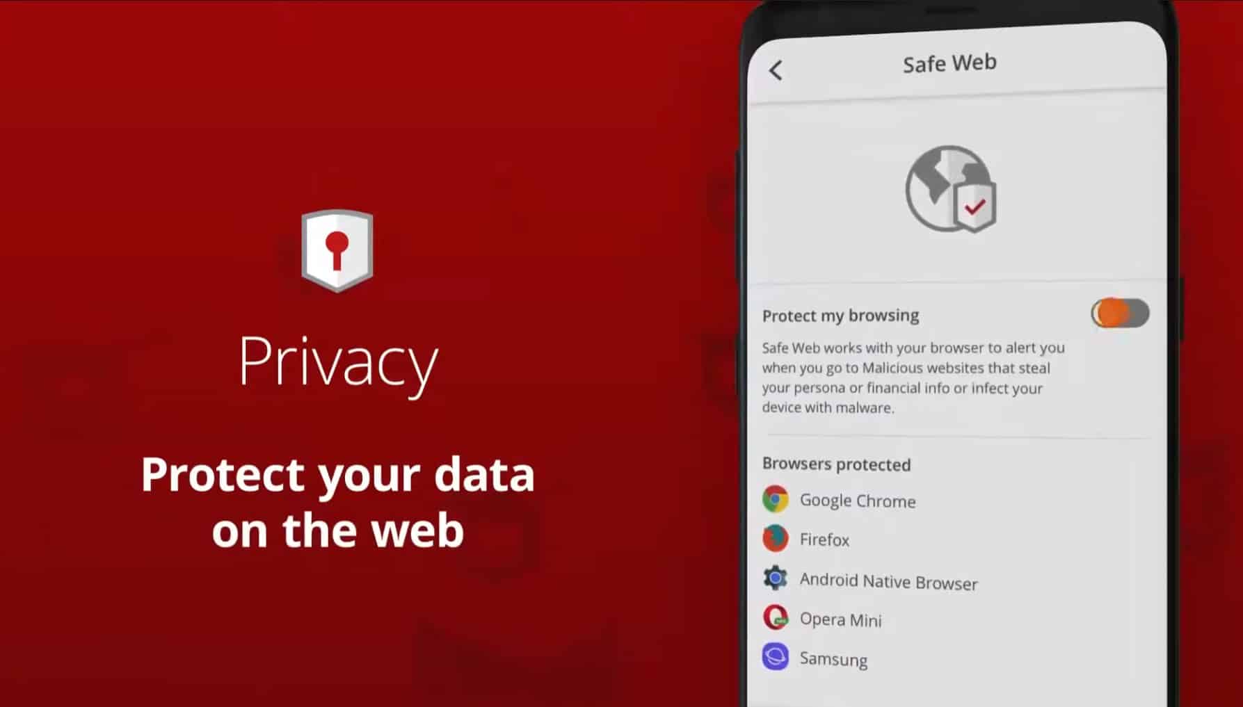 Screenshot der Safe-Web-Funktion von McAfee Mobile Security, die das Browsen und persönliche Daten auf dem Smartphone schützt. Die App zeigt aktivierten Webschutz und unterstützte Browser wie Chrome, Firefox, Opera Mini und Samsung Browser.