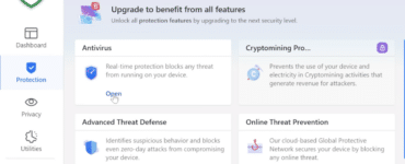Skærmbillede af Bitdefender Antivirus Free på Windows, der viser oversigten over beskyttelsesfunktioner som realtidsbeskyttelse, Advanced Threat Defense og Online Threat Prevention.