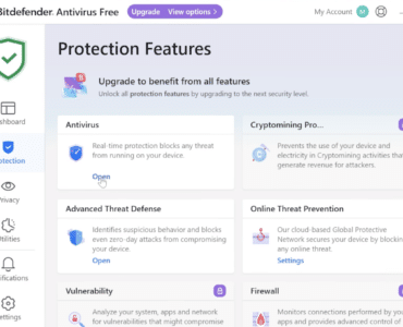 Skærmbillede af Bitdefender Antivirus Free på Windows, der viser oversigten over beskyttelsesfunktioner som realtidsbeskyttelse, Advanced Threat Defense og Online Threat Prevention.