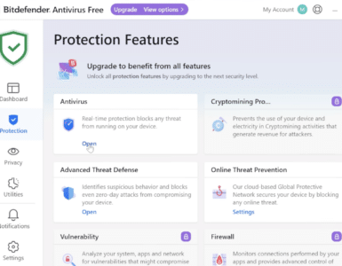 Skærmbillede af Bitdefender Antivirus Free på Windows, der viser oversigten over beskyttelsesfunktioner som realtidsbeskyttelse, Advanced Threat Defense og Online Threat Prevention.