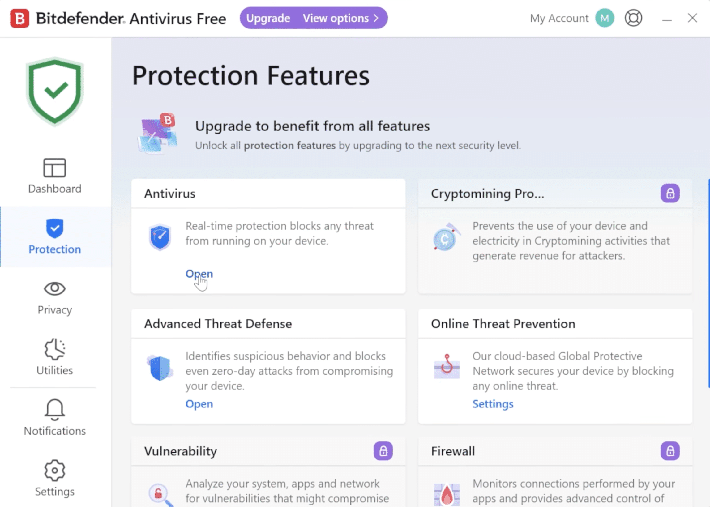 Screenshot von Bitdefender Antivirus Free unter Windows mit der Übersicht über Schutzfunktionen wie Echtzeitschutz, Advanced Threat Defense und Online Threat Prevention.