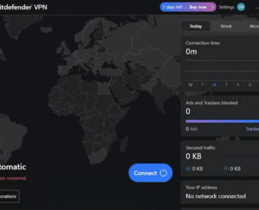 Bitdefender VPN brugerflade på Windows med verdenskort, automatisk servervalg og Connect-knap til sikker VPN-forbindelse