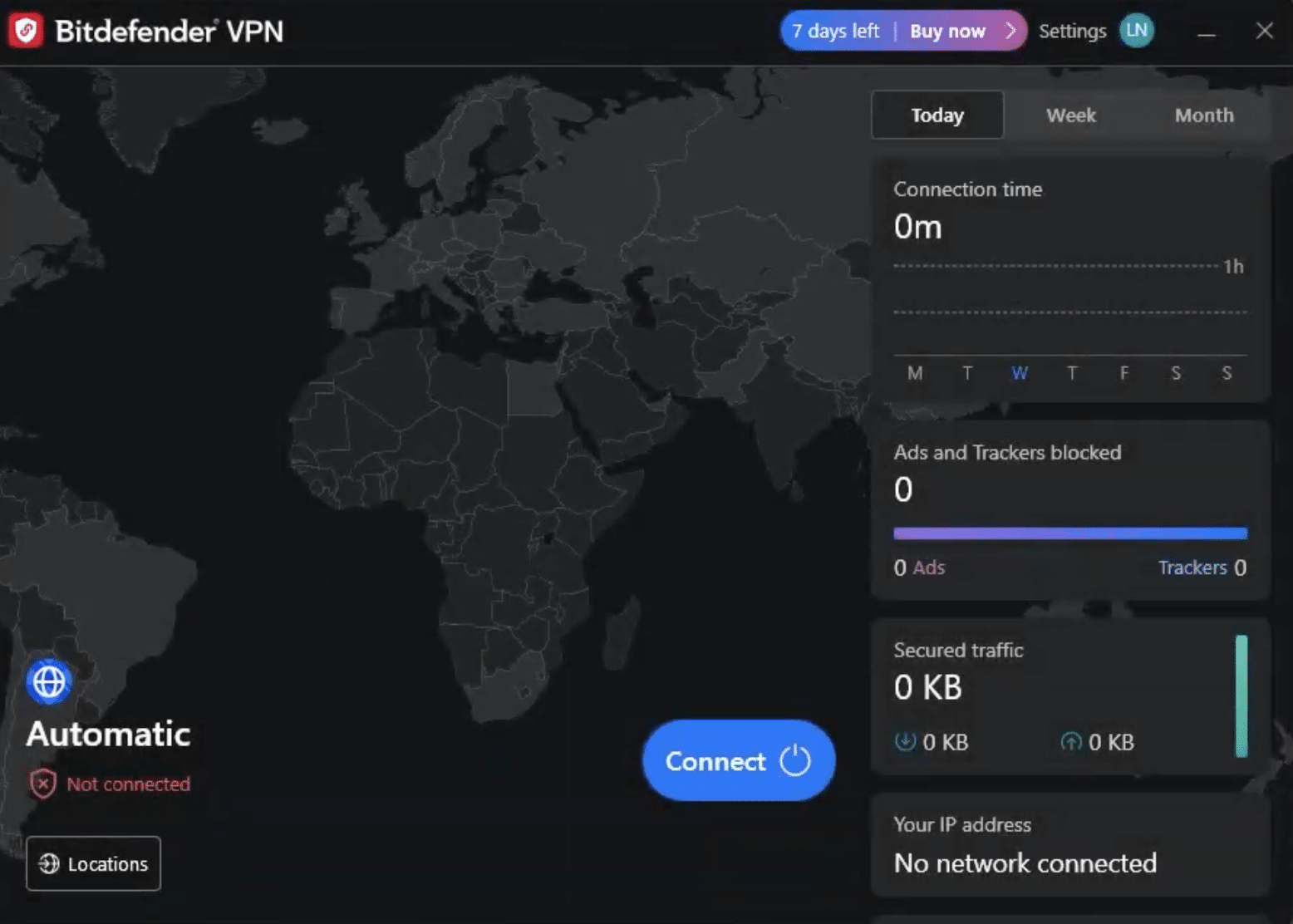 Bitdefender VPN-Oberfläche unter Windows mit Weltkarte, automatischer Serverauswahl und Connect-Schaltfläche für eine sichere VPN-Verbindung