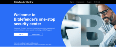 Bitdefender Central login-side med oversigt over sikkerhed, abonnementer og enhedsstyring