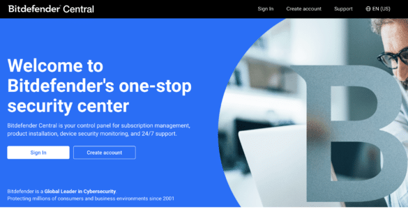 Bitdefender Central login-side med oversigt over sikkerhed, abonnementer og enhedsstyring