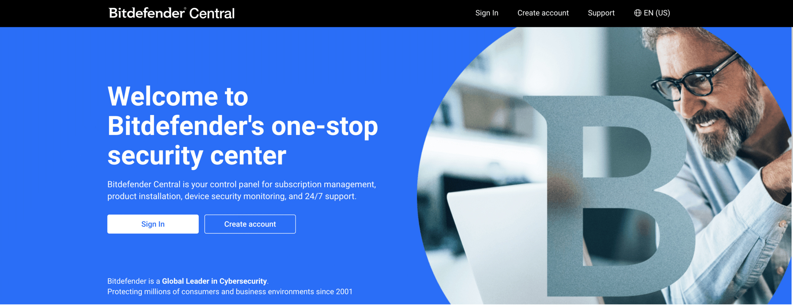 Bitdefender-Central-Login-Seite mit Übersicht über Sicherheit, Abonnements und Geräteverwaltung