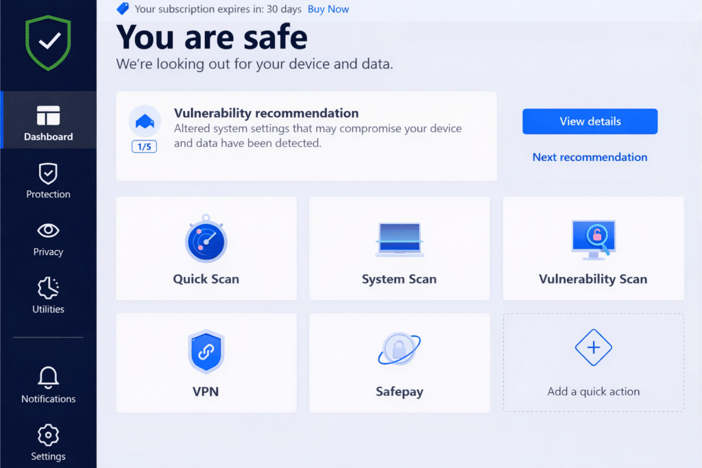 Bitdefender Premium Security dashboard på Windows med status “You are safe”, hurtig scanning, systemscanning, sårbarhedsscanning, VPN og Safepay samlet i hovedoversigten