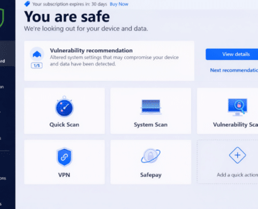 Bitdefender Premium Security dashboard på Windows med status “You are safe”, hurtig scanning, systemscanning, sårbarhedsscanning, VPN og Safepay samlet i hovedoversigten