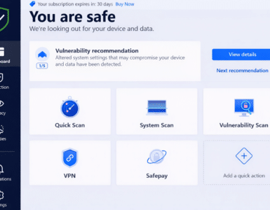 Bitdefender Premium Security dashboard på Windows med status “You are safe”, hurtig scanning, systemscanning, sårbarhedsscanning, VPN og Safepay samlet i hovedoversigten