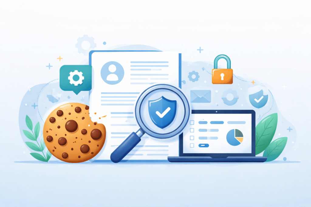 Illustration af digital privatlivs- og datasikkerhed med dokument, skjold, cookie, hængelås og computer, der symboliserer brugervilkår, cookies og databeskyttelse online.