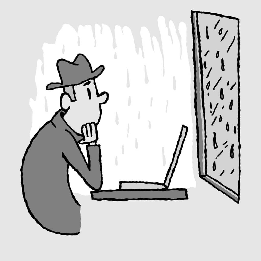 Illustration af en person, der overvejer valg af antivirusprogram ved sin computer.