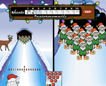 Gameplay fra Elf Bowling hvor julemanden kaster bowlingkugler mod nisser på en isbane med pointtavle øverst