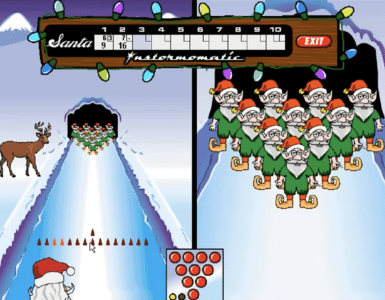 Gameplay fra Elf Bowling hvor julemanden kaster bowlingkugler mod nisser på en isbane med pointtavle øverst