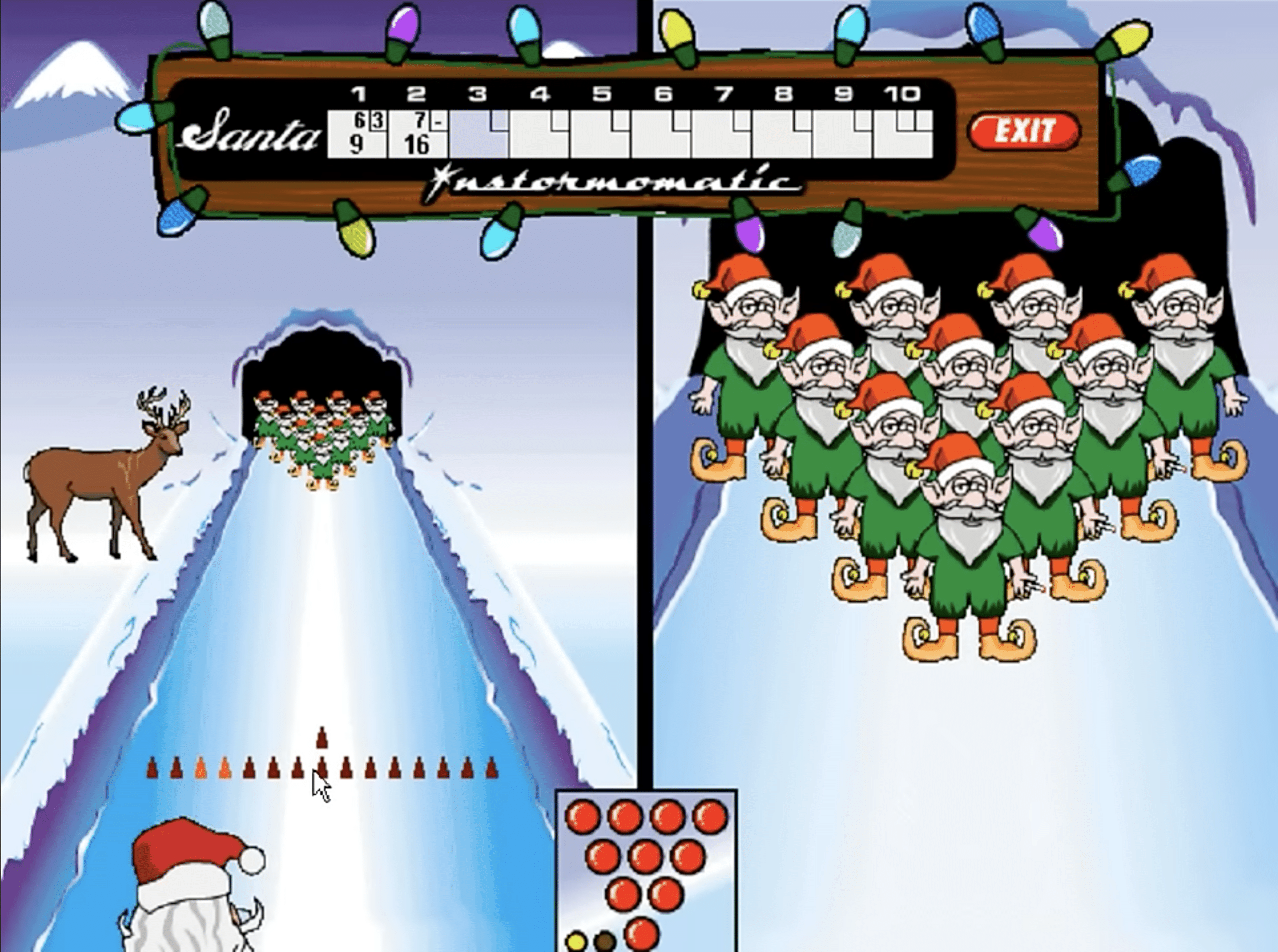 Gameplay aus Elf Bowling, in dem der Weihnachtsmann Bowlingkugeln auf Elfen über eine Eisbahn wirft, mit Punktetafel oben