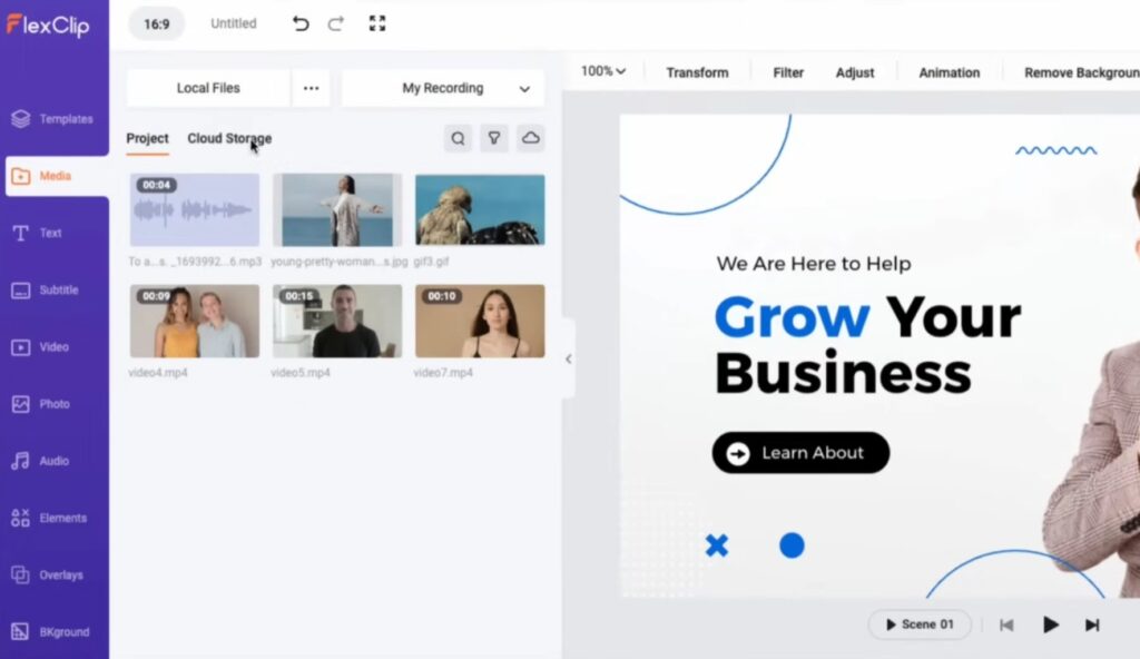 Skærmbillede af FlexClip online video editor, hvor brugeren redigerer en marketingvideo i browseren med træk-og-slip tidslinje, medier, tekst og skabeloner.