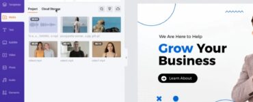 Skærmbillede af FlexClip online video editor, hvor brugeren redigerer en marketingvideo i browseren med træk-og-slip tidslinje, medier, tekst og skabeloner.