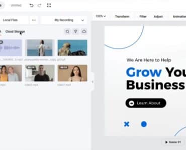Skærmbillede af FlexClip online video editor, hvor brugeren redigerer en marketingvideo i browseren med træk-og-slip tidslinje, medier, tekst og skabeloner.