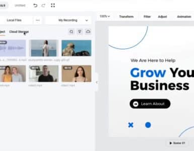 Skærmbillede af FlexClip online video editor, hvor brugeren redigerer en marketingvideo i browseren med træk-og-slip tidslinje, medier, tekst og skabeloner.