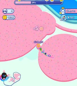 Gameplay-skærmbillede fra Paper.io 2 hvor spilleren “Girlygirl” forbinder to store territorier og udvider sit område, mens procentvis kontrol og leaderboard vises øverst på skærmen.