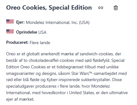 Skærmbillede fra boykot-app der viser Oreo Cookies med amerikansk ejerskab og oprindelse, men produktion i flere lande