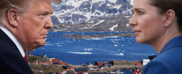 AI-genereret illustration af Donald Trump og Mette Frederiksen, der ser mod hinanden over Grønland som symbol på politisk spænding