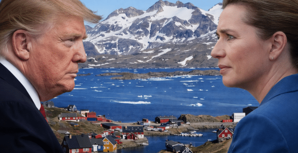 AI-genereret illustration af Donald Trump og Mette Frederiksen, der ser mod hinanden over Grønland som symbol på politisk spænding
