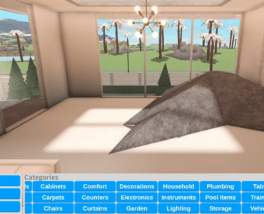 Et screenshot fra Roblox-spillet Welcome to Bloxburg, der viser byggemenuen nederst med kategorier som Cabinets, Comfort, Decorations og Lighting. I baggrunden ses et moderne lyst rum med store glaspartier, en minimalistisk lysekrone og udsigt til palmer og et grønt landskab.