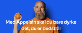 Mand med skæg holder en appelsin foran blå baggrund – Appelsin er en dansk regnskabsapp for selvstændige og små virksomheder