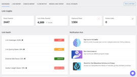 Link Whisper dashboard i WordPress med overblik over interne links, link clicks, forældreløse indlæg og link-sundhed