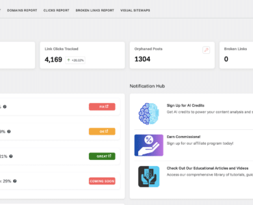 Link Whisper dashboard i WordPress med overblik over interne links, link clicks, forældreløse indlæg og link-sundhed