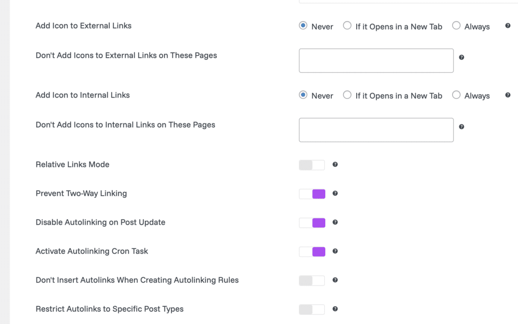 Indstillinger i Link Whisper til styring af interne og eksterne links samt automatisk linking i WordPress